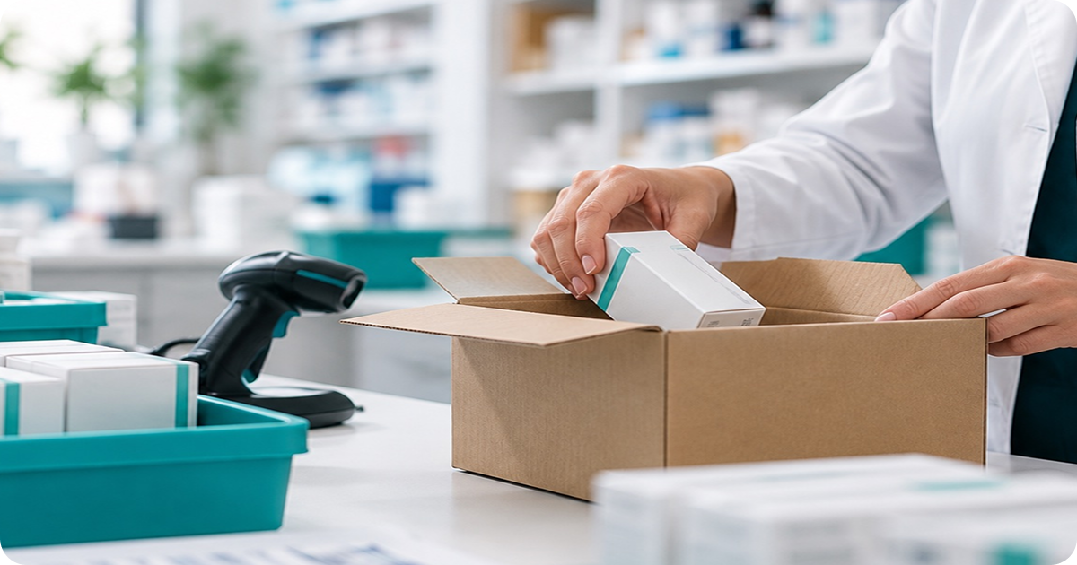 Pharmacist packing medicine into a delivery box beside a barcode scanner, showing pharmacy API prescription fulfilment