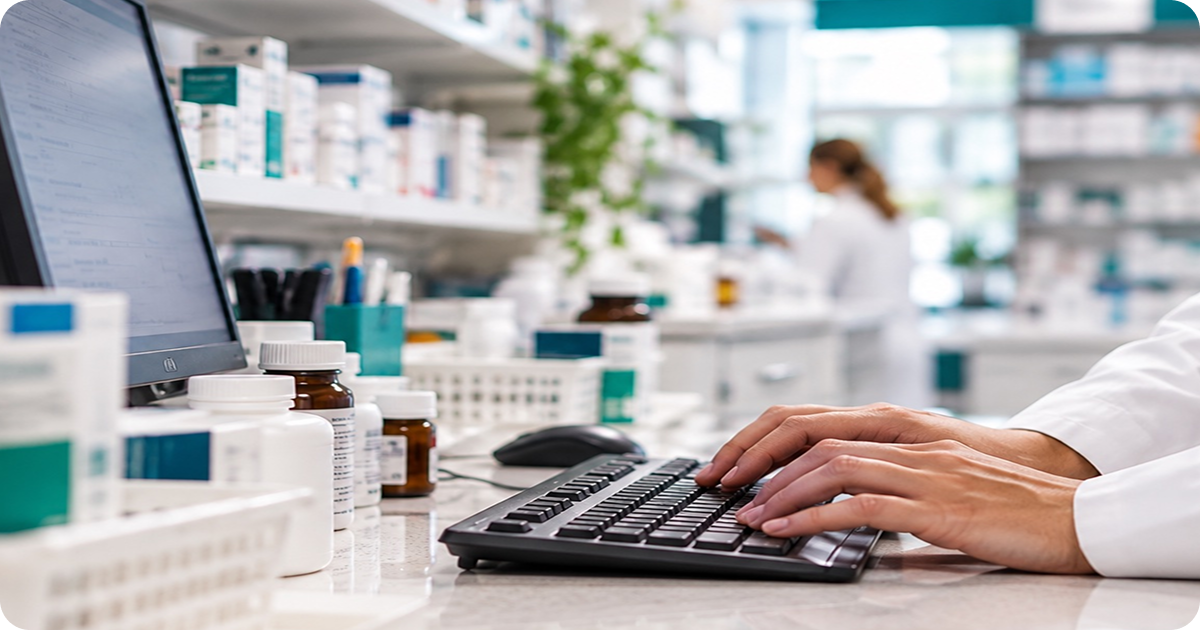 Pharmacist processing a telemedicine private prescription on a computer in a dispensary