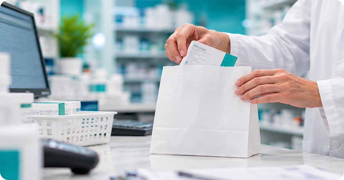 Pharmacist placing a dispensed private prescription into a bag, ready for dispatch without manual handling