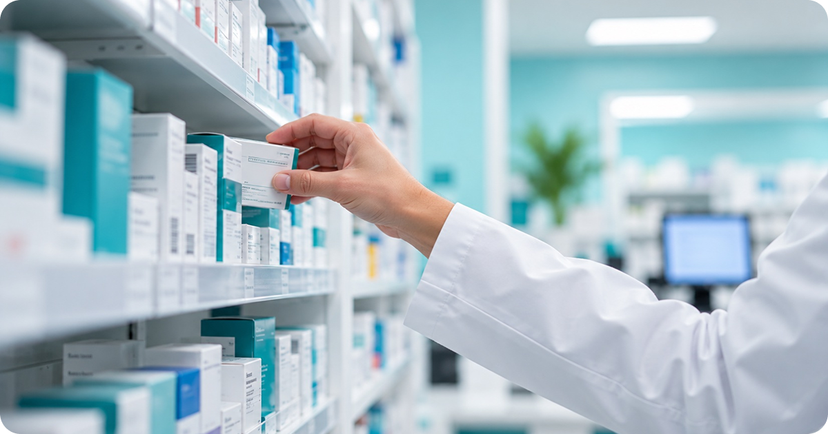 Pharmacist picking medicine from pharmacy shelves, showing the stock challenges of UK private prescription fulfilment