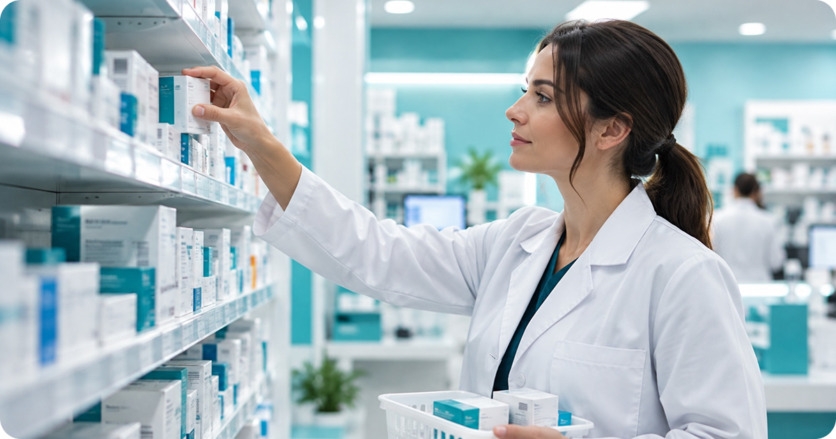 Pharmacist selecting medication from pharmacy shelves for private prescription fulfilment for ADHD clinics